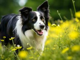 neugierig Hund erkunden ein Feld von Blühen Wildblume ai generativ foto