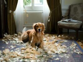 Inhalt Hund genießen im das Leben Zimmer Fußboden ai generativ foto