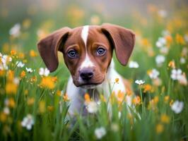 neugierig Hund erkunden ein Feld von Blühen Wildblume ai generativ foto