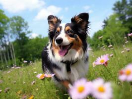 neugierig Hund erkunden ein Feld von Blühen Wildblume ai generativ foto