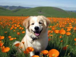 neugierig Hund erkunden ein Feld von Blühen Wildblume ai generativ foto