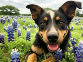 neugierig Hund erkunden ein Feld von Blühen Wildblume ai generativ foto