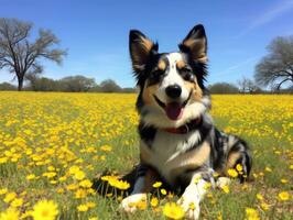 neugierig Hund erkunden ein Feld von Blühen Wildblume ai generativ foto