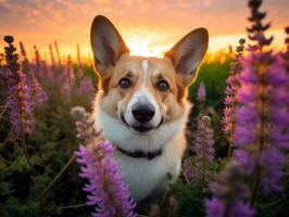 neugierig Hund erkunden ein Feld von Blühen Wildblume ai generativ foto