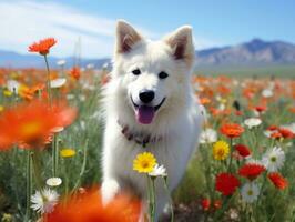 neugierig Hund erkunden ein Feld von Blühen Wildblume ai generativ foto