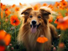 neugierig Hund erkunden ein Feld von Blühen Wildblume ai generativ foto