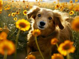 neugierig Hund erkunden ein Feld von Blühen Wildblume ai generativ foto