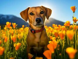 neugierig Hund erkunden ein Feld von Blühen Wildblume ai generativ foto