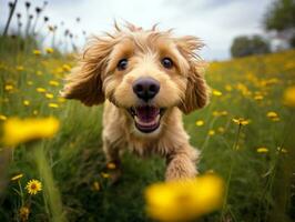 neugierig Hund erkunden ein Feld von Blühen Wildblume ai generativ foto