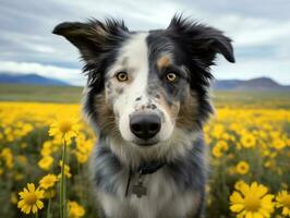 neugierig Hund erkunden ein Feld von Blühen Wildblume ai generativ foto