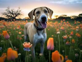 neugierig Hund erkunden ein Feld von Blühen Wildblume ai generativ foto