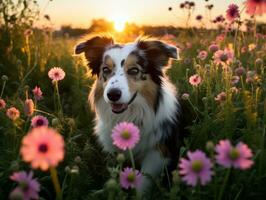 neugierig Hund erkunden ein Feld von Blühen Wildblume ai generativ foto