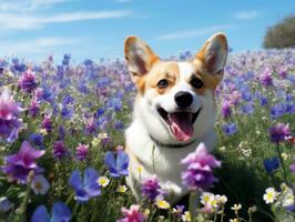 neugierig Hund erkunden ein Feld von Blühen Wildblume ai generativ foto