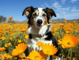 neugierig Hund erkunden ein Feld von Blühen Wildblume ai generativ foto