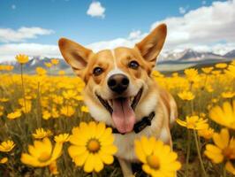 neugierig Hund erkunden ein Feld von Blühen Wildblume ai generativ foto