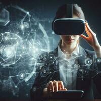 Frau tragen vr Headset zum Arbeiten futuristisch Technologie Innovation ai generativ foto
