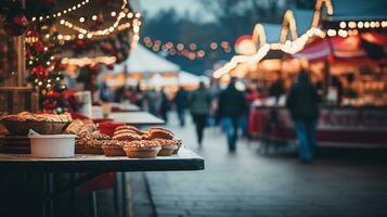 generativ ai, Weihnachten Messe verschwommen Hintergrund, Winter Straße Markt im Europa foto