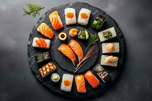 einstellen von Sushi Rollen. japanisch Lebensmittel. generativ ai foto