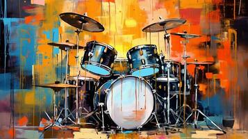 generativ ai, Jazz Musik- Straße Kunst mit Schlagzeug Musical Instrument Silhouette. Tinte bunt Graffiti Kunst auf ein texturiert Wand, Segeltuch Hintergrund. foto