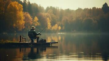 generativ ai, Angeln mit Stangen auf Herbst Landschaft in der Nähe von das Fluss, Fischer mit Spinnen, stumm geschaltet Farben foto