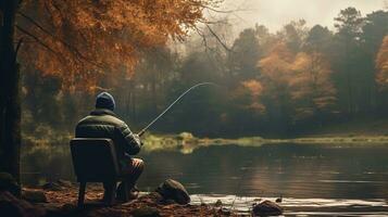 generativ ai, Angeln mit Stangen auf Herbst Landschaft in der Nähe von das Fluss, Fischer mit Spinnen, stumm geschaltet Farben foto