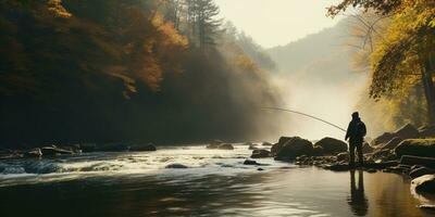 generativ ai, Angeln mit Stangen auf Herbst Landschaft in der Nähe von das Fluss, Fischer mit Spinnen, stumm geschaltet Farben foto