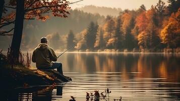 generativ ai, Angeln mit Stangen auf Herbst Landschaft in der Nähe von das Fluss, Fischer mit Spinnen, stumm geschaltet Farben foto