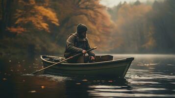 generativ ai, Angeln mit Stangen auf Herbst Landschaft in der Nähe von das Fluss, Fischer mit Spinnen, stumm geschaltet Farben foto