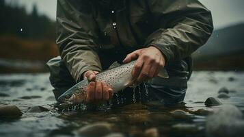 generativ ai, Angeln mit Stangen auf Herbst Landschaft in der Nähe von das Fluss, Fischer mit Spinnen, stumm geschaltet Farben foto