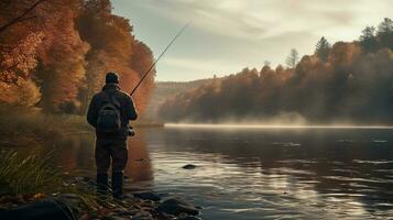 generativ ai, Angeln mit Stangen auf Herbst Landschaft in der Nähe von das Fluss, Fischer mit Spinnen, stumm geschaltet Farben foto