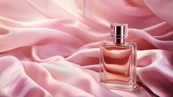 generativ ai, Flasche von Parfüm auf ein Rosa Seide Hintergrund. Glas Flasche mit Rosa Duft Verpackung Design spotten oben foto