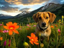 neugierig Hund erkunden ein Feld von Blühen Wildblume ai generativ foto