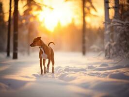 Hund während ein Winter gehen ai generativ foto