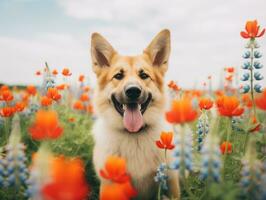 neugierig Hund erkunden ein Feld von Blühen Wildblume ai generativ foto