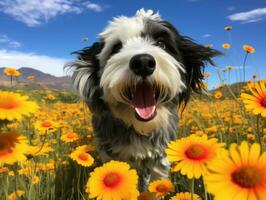 neugierig Hund erkunden ein Feld von Blühen Wildblume ai generativ foto