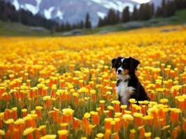 neugierig Hund erkunden ein Feld von Blühen Wildblume ai generativ foto