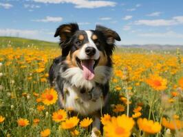 neugierig Hund erkunden ein Feld von Blühen Wildblume ai generativ foto