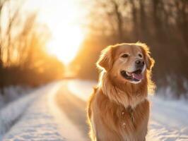 Hund während ein Winter gehen ai generativ foto