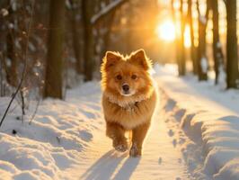 Hund während ein Winter gehen ai generativ foto