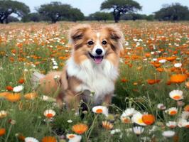 neugierig Hund erkunden ein Feld von Blühen Wildblume ai generativ foto