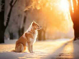 Hund während ein Winter gehen ai generativ foto