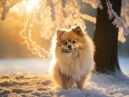 Hund während ein Winter gehen ai generativ foto