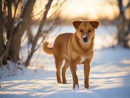 Hund während ein Winter gehen ai generativ foto