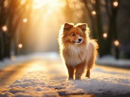 Hund während ein Winter gehen ai generativ foto