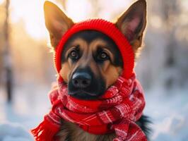 Hund während ein Winter gehen ai generativ foto