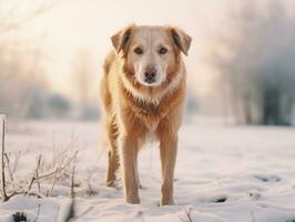 Hund während ein Winter gehen ai generativ foto