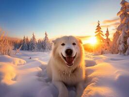 Hund während ein Winter gehen ai generativ foto