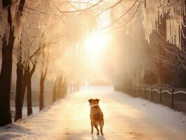 Hund während ein Winter gehen ai generativ foto