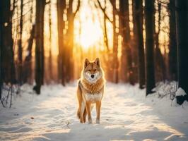 Hund während ein Winter gehen ai generativ foto