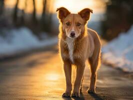 Hund während ein Winter gehen ai generativ foto